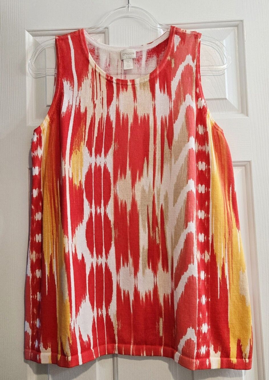 Chico's Size 3 (same as XL) Ikat Sweater Tank Top Orange Red Knit Abstract
